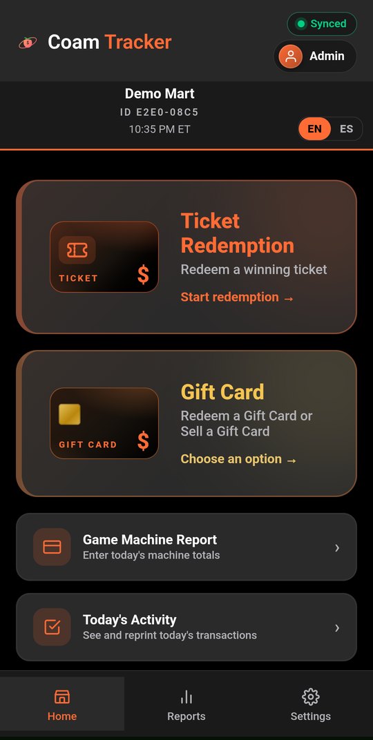 Home screen: Ticket Redemption, Gift Card, Game Machine Report, Today's Activity